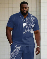 Simple Daily Casual Shoulder Eagle Silhouette Print Short-sleeved POLO Trousers Set Big & Tall Men's